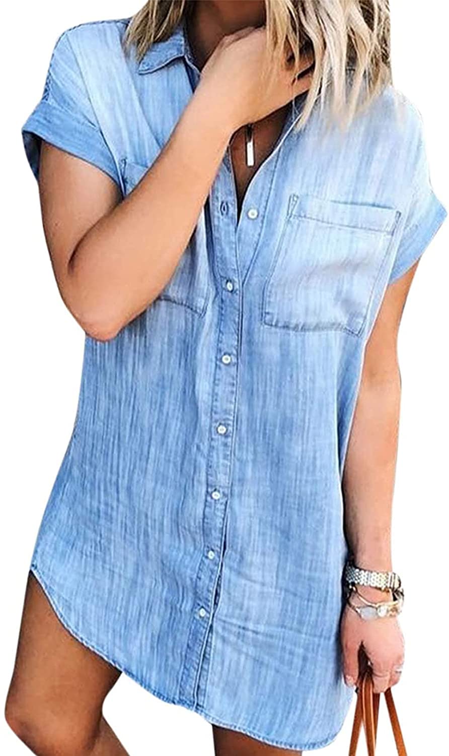 Happy Sailed Womens Denim Shirt Dresses Button Down Casual Tunic Top Long Sleeve Distressed Jean Dress S-XL 